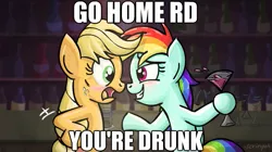 Size: 625x351 | Tagged: safe, artist:scrimpeh, derpibooru import, applejack, rainbow dash, earth pony, pegasus, pony, alcohol, bar, blushing, drunk, drunker dash, female, glass, go home you're drunk, hoof hold, mare, wine, wine glass