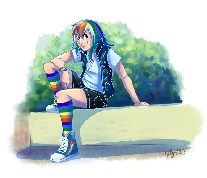 Size: 800x686 | Tagged: safe, artist:yulyeen, derpibooru import, rainbow dash, human, equestria girls, clothes, converse, humanized, rainbow socks, shirt, shoes, shorts, sneakers, socks, solo, striped socks, stripey, t-shirt, tomboy, trainers, waistcoat