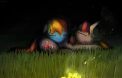 Size: 4413x2803 | Tagged: safe, artist:sharpieboss, derpibooru import, rainbow dash, twilight sparkle, cuddling, female, fire, g4, grass, lesbian, night, shipping, sleeping, snuggling, twidash