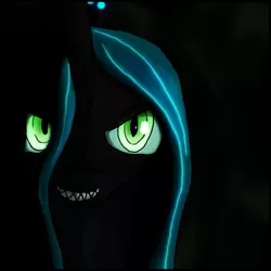 Size: 900x900 | Tagged: artist:aaronmk, black background, bust, changeling, changeling queen, derpibooru import, female, queen chrysalis, safe, simple background, smiling, solo