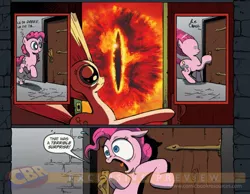 Size: 900x700 | Tagged: derpibooru import, exploitable meme, idw, lord of the rings, meme, obligatory pony, pinkie pie, safe, sauron, surprise door