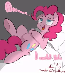 Size: 800x900 | Tagged: artist:crade, bed, derpibooru import, dialogue, on back, pinkie pie, safe, solo