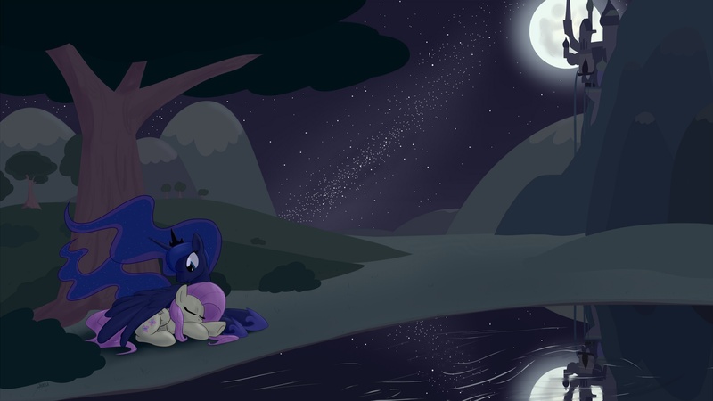 Size: 1920x1080 | Tagged: artist:whatsapokemon, derpibooru import, female, fluttershy, hug, lesbian, lunashy, night, princess luna, safe, shipping, sleeping, winghug