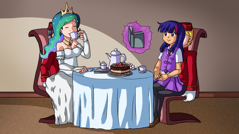 Size: 2699x1519 | Tagged: artist:darkyamatoman, bellboy, book, breasts, cake, cleavage, clothes, cup, derpibooru import, dress, food, human, humanized, miniskirt, princess celestia, skirt, socks, stockings, suggestive, teacup, teapot, thigh highs, twilight sparkle