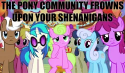 Size: 1200x700 | Tagged: safe, derpibooru import, edit, screencap, berry punch, berryshine, blues, bon bon, cherry berry, daisy, flower wishes, linky, mochaccino, noteworthy, rare find, shoeshine, sweetie drops, vinyl scratch, pony, magical mystery cure, caption, frown, image macro, reaction image, shenanigans, text