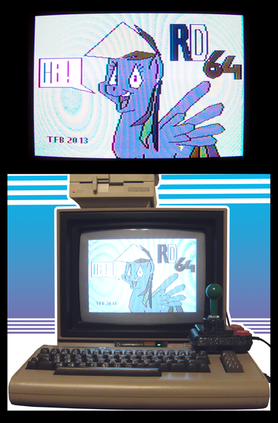 Size: 600x912 | Tagged: artist:tobibrocki, commodore 64, computer, controller, derpibooru import, floppy drive, irl, joystick, keyboard, photo, rainbow dash, safe