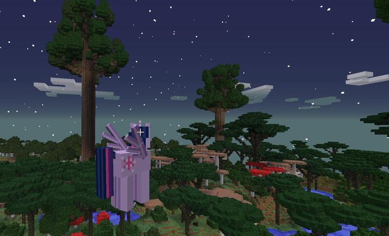 Size: 1500x910 | Tagged: safe, derpibooru import, twilight sparkle, twilight sparkle (alicorn), alicorn, pony, female, flying, forest, game screencap, giant mushroom, mare, mine little pony, minecraft, mod, mushroom, tree