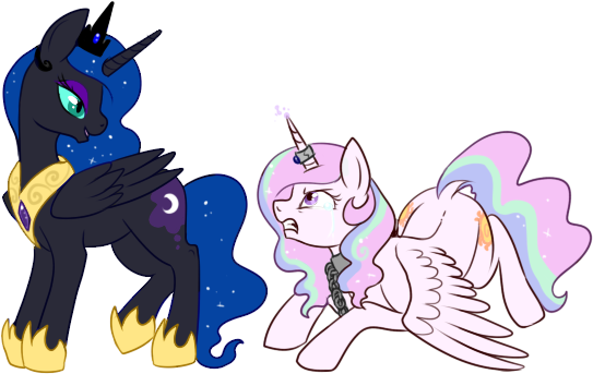 Size: 543x343 | Tagged: semi-grimdark, artist:lulubell, derpibooru import, nightmare moon, princess celestia, alicorn, pony, accessory theft, chains, collar, dock, horn, horn ring, magic suppression, ring, simple background, transparent background, younger