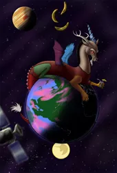 Size: 700x1029 | Tagged: artist:kitta-is-love, artist:sylvertalon, banana, dead source, derpibooru import, discord, draconequus, food, great red spot, jupiter, macro, male, mare in the moon, moon, planet, pony bigger than a planet, safe, satellite, solo, space