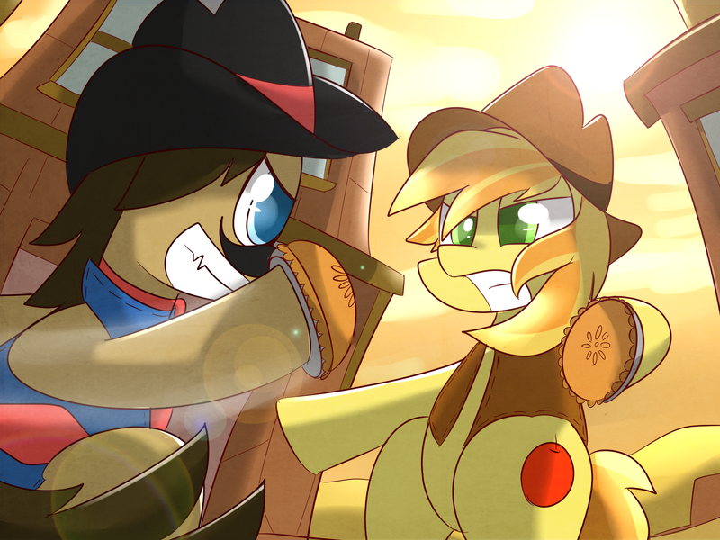 Size: 1600x1200 | Tagged: apple, apple pie, artist:kty159, braeburn, derpibooru import, fight, food, food fight, pie, safe, sheriff silverstar