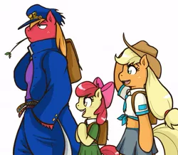 Size: 623x543 | Tagged: safe, artist:redhotkick, derpibooru import, apple bloom, applejack, big macintosh, pony, belly button, bipedal, jojo's bizarre adventure, jotaro kujo, midriff, parody, tumblr, tumblrpon high