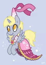 Size: 528x745 | Tagged: safe, artist:kiguren, derpibooru import, derpy hooves, alicorn, pony, alicornified, blue background, bubble, clothes, derpicorn, dress, female, mare, muffin queen, princess, race swap, simple background, solo