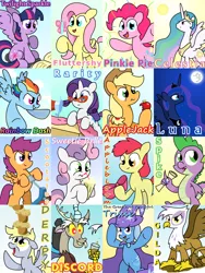 Size: 1728x2304 | Tagged: safe, artist:041744, derpibooru import, apple bloom, applejack, derpy hooves, discord, fluttershy, gilda, pinkie pie, princess celestia, princess luna, rainbow dash, rarity, scootaloo, spike, sweetie belle, trixie, twilight sparkle, twilight sparkle (alicorn), alicorn, butterfly, gryphon, pony, cutie mark crusaders, female, food, glasses, mane seven, mane six, mare, mare in the moon, milkshake, moon, muffin, scroll, sewing