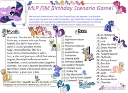 Size: 606x440 | Tagged: apple bloom, applejack, big macintosh, birthday game, bon bon, cheerilee, cutie mark crusaders, daring do, derpibooru import, derpy hooves, diamond tiara, discord, doctor whooves, exploitable meme, fluttershy, lyra heartstrings, mane seven, mane six, mare do well, mayor mare, meme, nightmare moon, octavia melody, pinkie pie, princess cadance, princess celestia, princess luna, rainbow dash, rarity, safe, scootaloo, shining armor, spike, spitfire, sweetie belle, sweetie drops, text, time turner, twilight sparkle, vinyl scratch, zebra, zecora