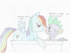 Size: 2107x1558 | Tagged: suggestive, artist:dawnfelix, derpibooru import, rainbow dash, spike, dragon, pegasus, pony, bath, bathtub, bedroom eyes, blushing, dialogue, female, foalcon, green eyes, imminent foalcon, imminent sex, interspecies, male, mare, rainbowspike, shipping, simple background, straight, traditional art, water, white background, worried