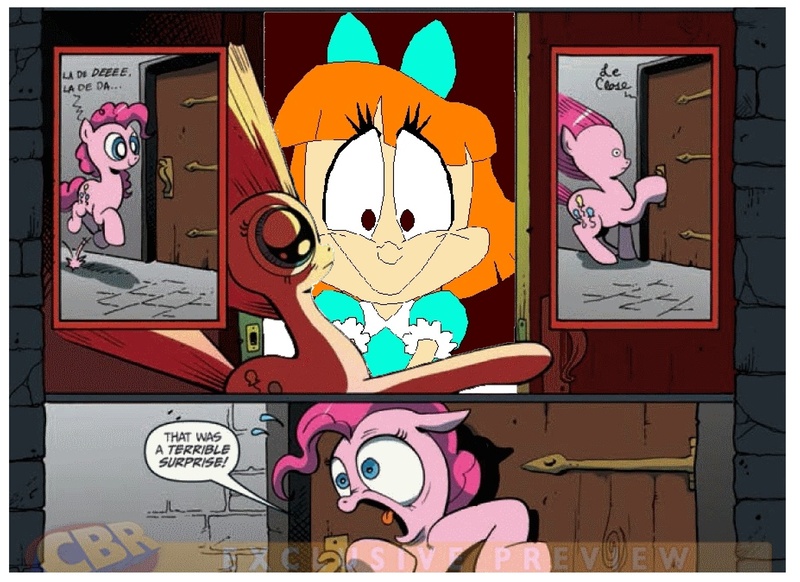 Size: 1854x1349 | Tagged: derpibooru import, elmyra, exploitable meme, idw, meme, obligatory pony, pinkie pie, safe, surprise, surprise door, tiny toon adventures