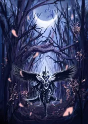 Size: 1024x1448 | Tagged: armor, artist:uzukinokaze, badass, derpibooru import, forest, glowing eyes, human, humanized, moon, night, petals, princess luna, safe, solo, winged humanization, wings