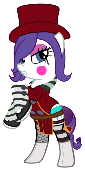 Size: 3480x7000 | Tagged: suggestive, artist:beavernator, derpibooru import, rarity, pony, bipedal, blushing, boots, borderlands, borderlands 2, clothes, cosplay, costume, crossover, eyeliner, hat, mad moxxi, makeup, panties, shoes, simple background, solo, stockings, thigh highs, transparent background, underwear, vector