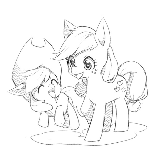 Size: 850x850 | Tagged: accessory swap, apple bloom, applejack, artist:nicowaha, derpibooru import, grayscale, monochrome, safe, simple background, white background