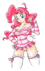 Size: 807x1278 | Tagged: artist:danmakuman, attached skirt, breasts, clothes, derpibooru import, female, human, humanized, lace, leotard, pinkie pie, skirt, solo, solo female, stockings, suggestive, thigh highs, underass