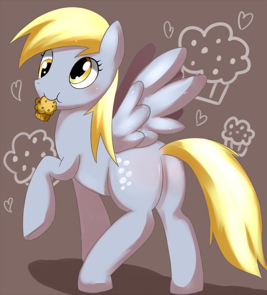 Size: 700x773 | Tagged: safe, artist:syansyan, derpibooru import, derpy hooves, pegasus, pony, butt, female, food, mare, muffin, pixiv, plot, solo