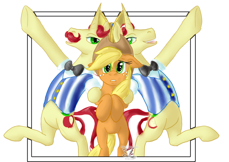 Size: 1024x723 | Tagged: safe, artist:feniiku, derpibooru import, applejack, flam, flim, earth pony, pony, unicorn, brothers, flim flam brothers, male, siblings, trio