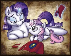 Size: 1386x1097 | Tagged: artist:raunchyopposition, cape, clothes, cmc cape, derpibooru import, rarity, safe, sweetie belle