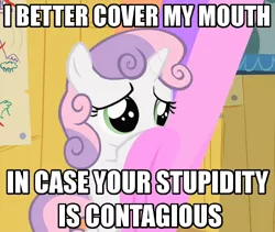 Size: 500x422 | Tagged: bipedal, caption, cropped, derpibooru import, edit, edited screencap, hiding, image macro, reaction image, safe, screencap, solo, stupidity, sweetie belle, text, the show stoppers