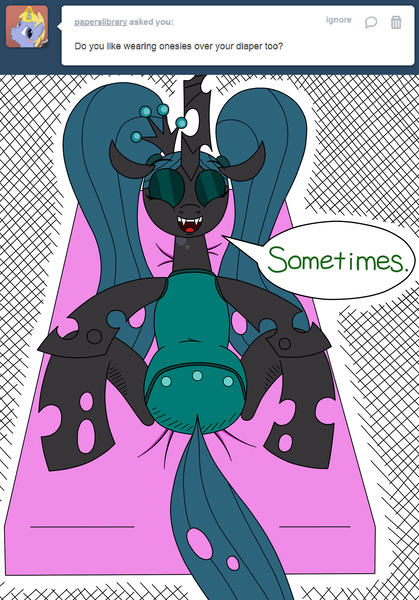 Size: 1280x1835 | Tagged: artist:jay muniz, ask crinkle bottom chrysalis, derpibooru import, diaper, diaper fetish, fetish, onesie, poofy diaper, queen chrysalis, questionable, solo, tumblr