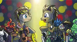 Size: 600x325 | Tagged: safe, artist:saturnspace, derpibooru import, doctor whooves, time turner, earth pony, pony, clockwise whooves, abstract background, clothes, eye contact, gak, looking at each other, male, stallion