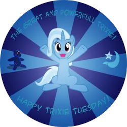 Size: 3436x3435 | Tagged: safe, artist:spectty, derpibooru import, trixie, bear, pony, unicorn, ursa, ursa minor, abstract background, badge, female, mare, plushie, teddy bear, trixie tuesday, ursa plush