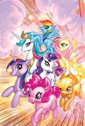 Size: 605x900 | Tagged: applejack, artist:j-scott-campbell, artist:toolkitten, cover, derpibooru import, fluttershy, idw, mane six, no logo, official, pinkie pie, princess celestia, rainbow dash, rarity, safe, twilight sparkle