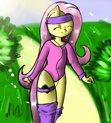 Size: 2480x2765 | Tagged: anthro, artist:alucard8000, clothes, derpibooru import, earbuds, fluttershy, headband, leg warmers, leotard, safe