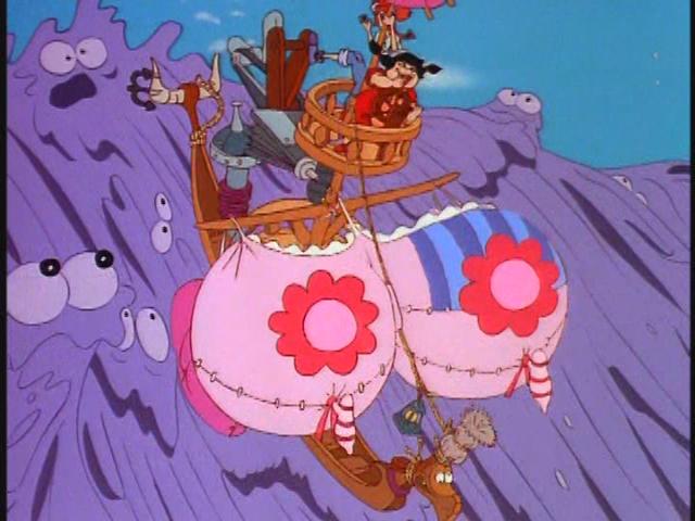 Size: 640x480 | Tagged: bird, boat, breasts, clothes, derpibooru import, draggle, female, flower, g1, human, my little pony: the movie (g1), out of context, pantyhose, pirate, reeka, safe, screencap, ship, smooze, underwear, unfortunate design, witch, you know for kids