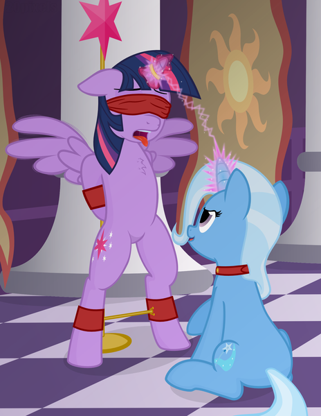 Size: 1500x1940 | Tagged: questionable, artist:the smiling pony, derpibooru import, trixie, twilight sparkle, twilight sparkle (alicorn), alicorn, pony, arm behind back, bipedal, blindfold, bondage, bondage furniture, bondage post, collar, featureless crotch, female, horn, horn ring, lesbian, magic, magic suppression, mare, ring, shipping, spreader bar, tongue out, twixie