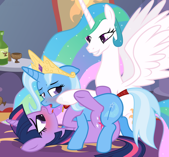 Size: 3233x3000 | Tagged: artist:the smiling pony, blushing, derpibooru import, female, group sex, lesbian, princess celestia, questionable, sex, shipping, tail wrap, threesome, trixie, twilestia, twilight sparkle, twixie, twixlestia, watching