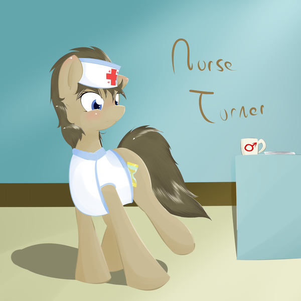 Size: 1280x1280 | Tagged: artist:kryptchild, crossdressing, dead source, derpibooru import, doctor whooves, hat, mug, nurse, nurse turner, safe, solo, time turner