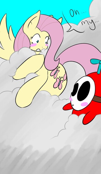 Size: 1116x1920 | Tagged: 30 minute art challenge, artist needed, blushing, blush sticker, cloud, cloudy, crossover, derpibooru import, fluttershy, fly guy, nintendo, propeller, safe, shy guy, sky, super mario bros., yoshi's island