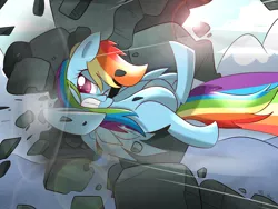 Size: 1600x1200 | Tagged: dead source, safe, artist:kty159, derpibooru import, rainbow dash, pegasus, pony, spike at your service, badass, cloud, female, flying, gritted teeth, lens flare, mare, missing cutie mark, mountain, one eye closed, rainbow trail, rock, sky, solo, spread wings, upside down, wings