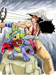 Size: 617x825 | Tagged: artist:irie-mangastudios, crossover, derpibooru import, one piece, safe, sogeking, spike, traditional art, usopp