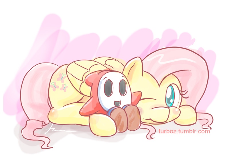 Size: 800x585 | Tagged: 30 minute art challenge, artist:furboz, blushing, crossover, cuddling, cute, derpibooru import, fluttershy, hug, nintendo, one eye closed, petting, prone, safe, shy guy, smiling, snuggling, super mario bros., super mario bros. 2, wink