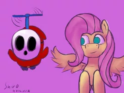 Size: 1280x957 | Tagged: 30 minute art challenge, artist:shirohomura, crossover, derpibooru import, fluttershy, fly guy, flying, propeller, safe, shy guy, super mario bros.