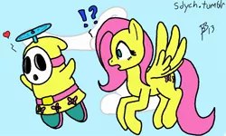 Size: 800x480 | Tagged: 30 minute art challenge, artist:sdych, crossover, cutie mark, derpibooru import, fluttershy, fly guy, flying, propeller, safe, shy guy, super mario bros., yellow, yoshi's island