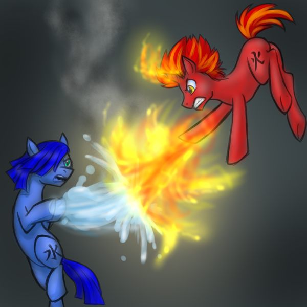 Size: 850x850 | Tagged: artist:jitterbugjive, askthesixelementals, derpibooru import, fight, fire, hydrokinesis, oc, oc:agua, oc:pyro, pyrokinesis, safe, unofficial characters only, water