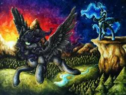 Size: 1280x960 | Tagged: safe, artist:dimwitdog, derpibooru import, nightmare moon, oc, oc:rome silvanus, alicorn, pegasus, pony, commission, traditional art, watercolor painting