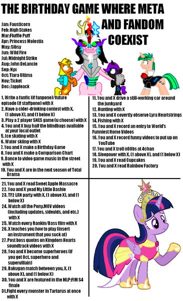 Size: 942x1545 | Tagged: safe, derpibooru import, applejack, lyra heartstrings, midnight strike, princess celestia, twilight sparkle, twilight sparkle (alicorn), wild fire, oc, oc:fausticorn, oc:fluffle puff, oc:high stakes, oc:nyx, oc:ticket, alicorn, pony, princess molestia, alicorn oc, birthday game, exploitable meme, fluffy, horn, jappleack, john de lancie, meme, sibsy, text, tiara ultima, wings