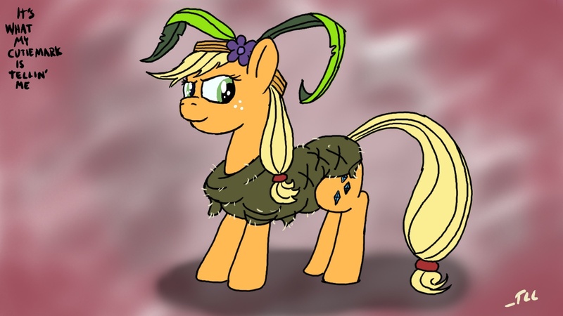 Size: 1366x768 | Tagged: applejack, artist:thelonelampman, clothes, derpibooru import, dress, safe, swapped cutie marks, what my cutie mark is telling me