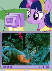 Size: 438x600 | Tagged: safe, derpibooru import, twilight sparkle, twilight sparkle (alicorn), alicorn, kaiju, pony, burning godzilla, exploitable meme, female, godzilla, godzilla (series), godzilla junior, godzilla vs destoroyah, mare, meme, obligatory pony, sad, tv meme