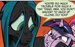 Size: 446x280 | Tagged: derpibooru import, duckface, faic, idw, queen chrysalis, safe, spoiler:comic, squishy cheeks, the return of queen chrysalis, twilight sparkle, villains touching twilight