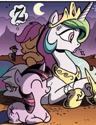 Size: 279x366 | Tagged: safe, derpibooru import, idw, observer (character), princess celestia, scootaloo, twilight sparkle, alicorn, earth pony, pegasus, pony, unicorn, the return of queen chrysalis, spoiler:comic, spoiler:comic04, ^^, behaving like a cat, cute, cutealoo, eyes closed, female, filly, fringe, idw is trying to murder us, male, mare, momlestia, moon, official comic, ponyloaf, prone, scootalove, sleeping, stallion, sweet dreams fuel, twiabetes, twilight cat, unicorn twilight, whistling, z